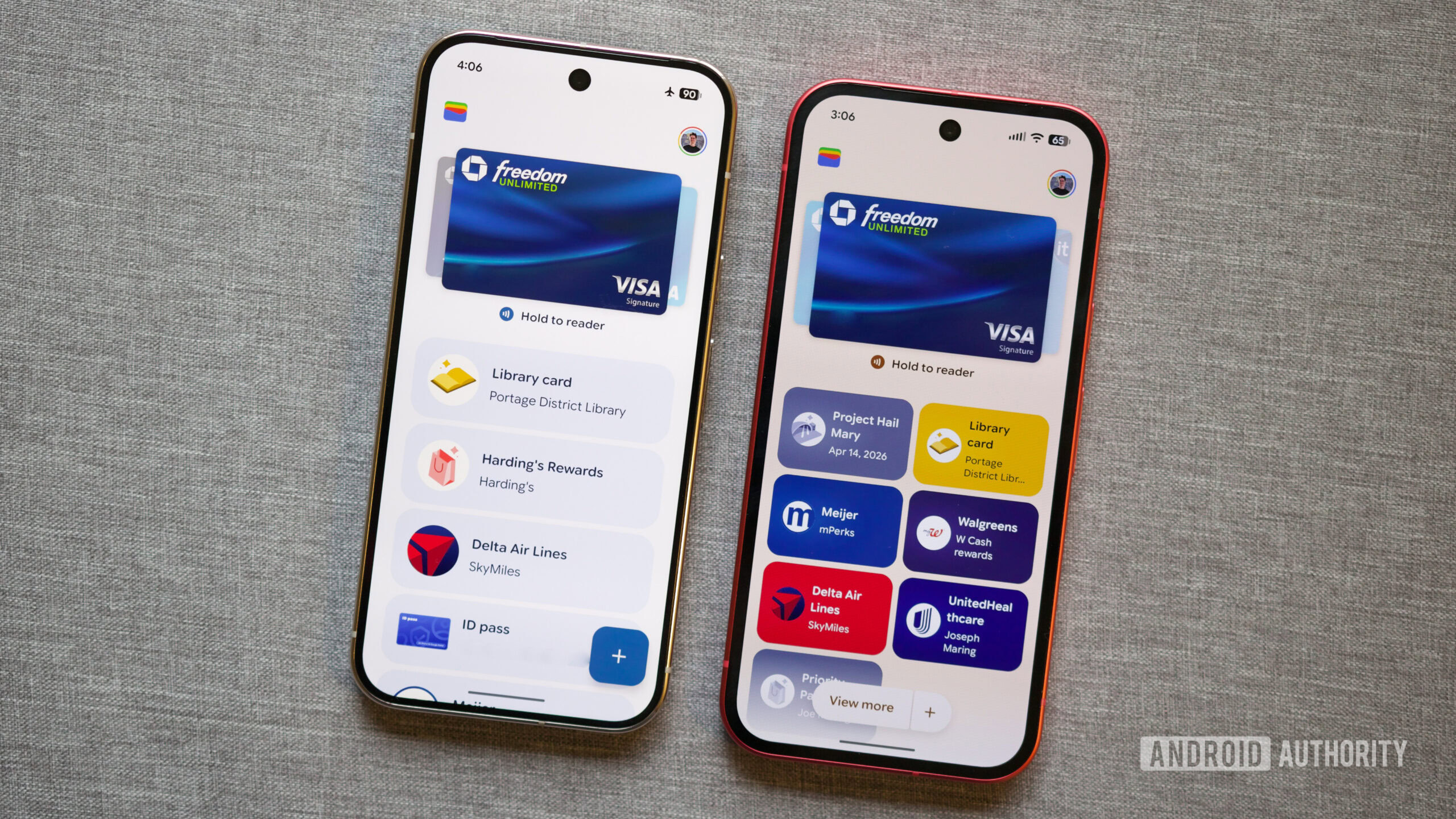 Side-by-side comparison of the old Google Wallet vertical list and the new two-per-row grid layout