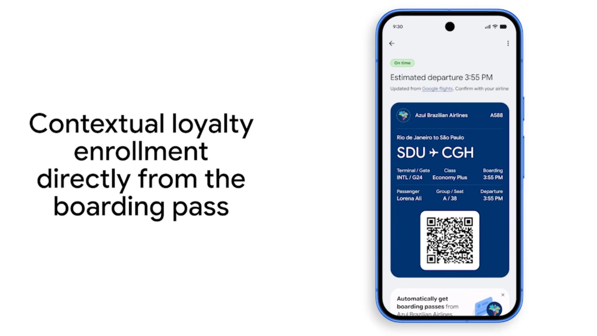 Contextual prompt to join an airline frequent-flyer program directly from a boarding pass in Google Wallet