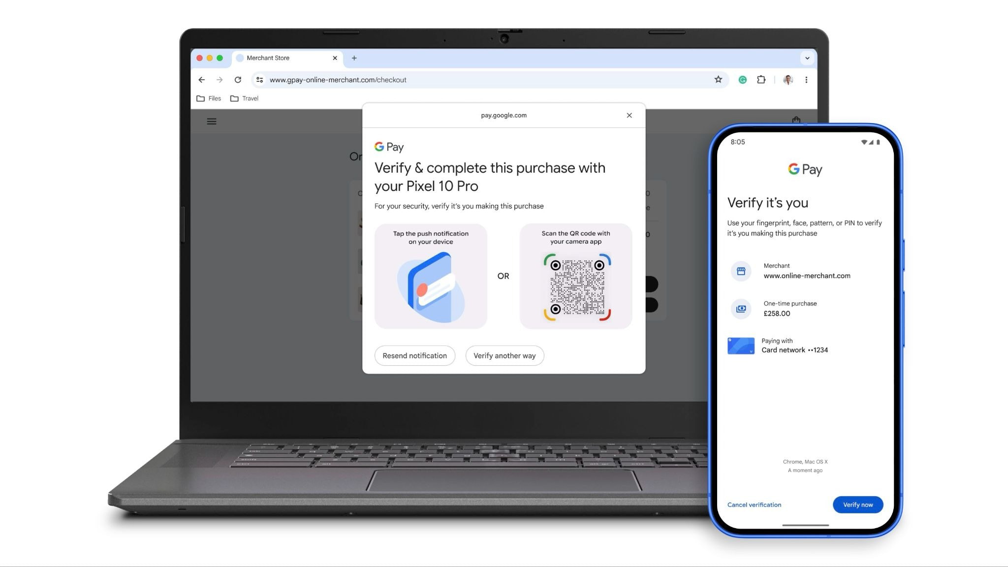 Approving a desktop browser checkout by tapping an Android phone to the laptop and unlocking with biometrics