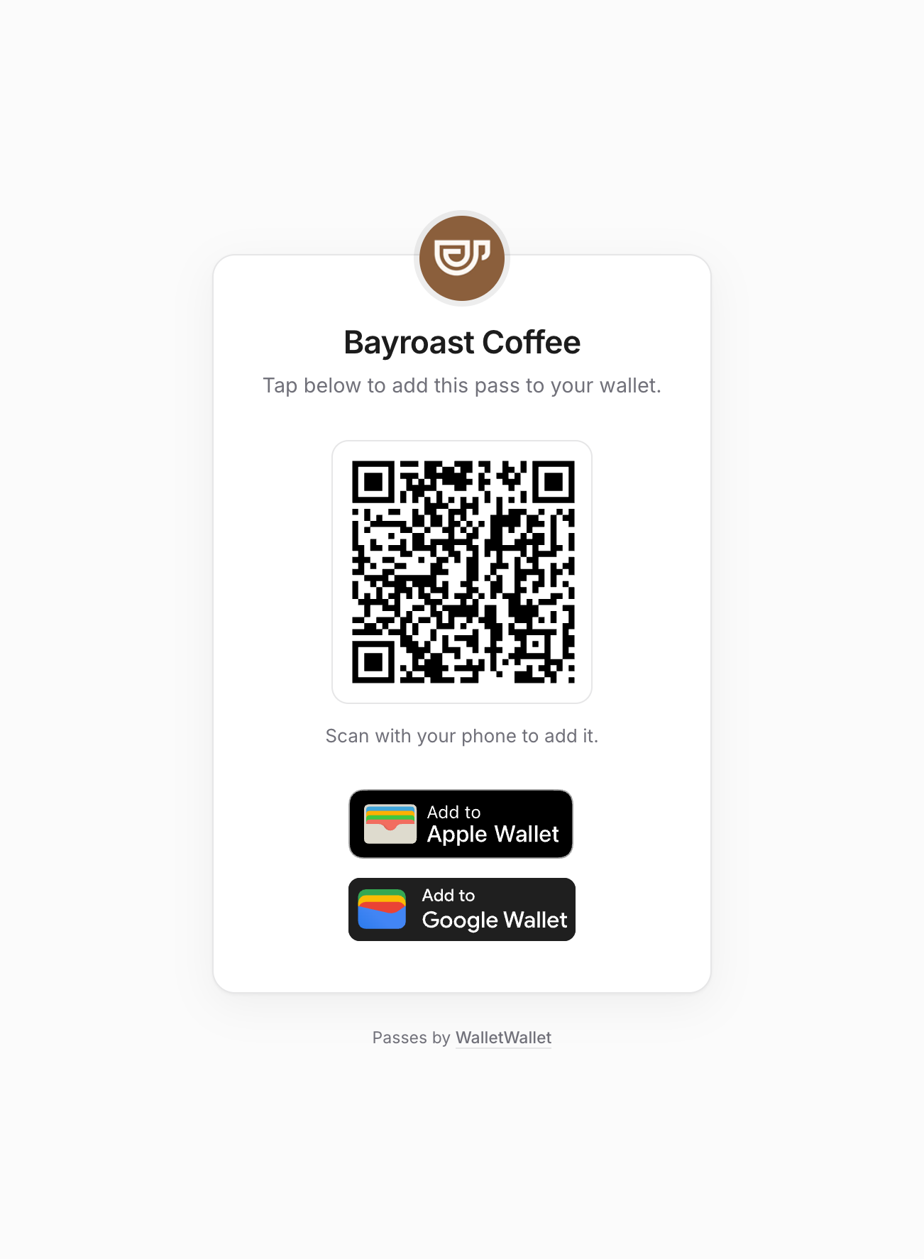 The hosted share page showing a QR code with an Add to Apple Wallet and an Add to Google Wallet button